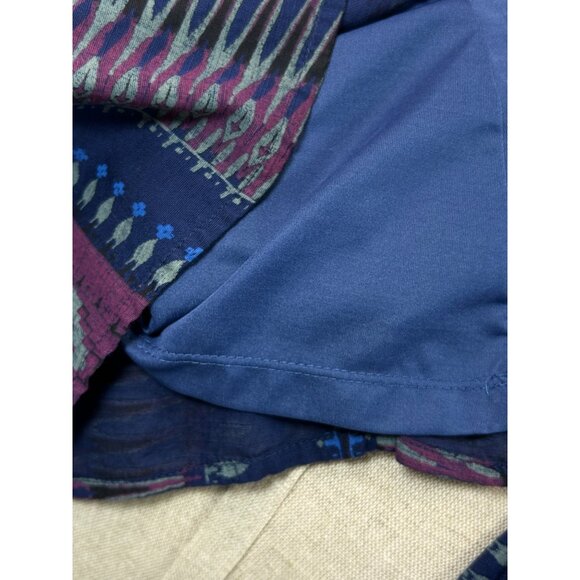 ROXY Mini Dress Sz M Navy Geo Stripe Print Peasant 3/4 Sleeve VNeck Button Up - Picture 8 of 11